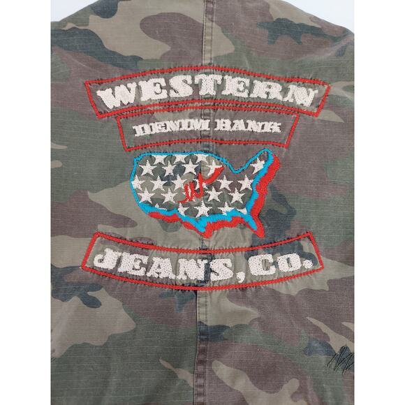 Western Denim Bank Jeans Co Jacket Green Camo Military Embroidered Studded Med - Picture 9 of 15